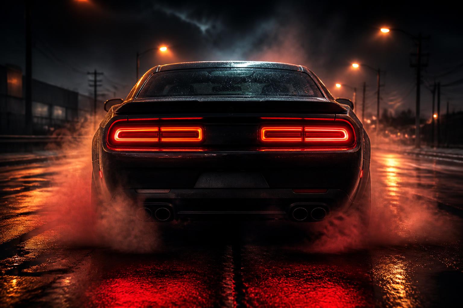 Muscle car visto desde atrás listo para arrancar en carretera nocturna