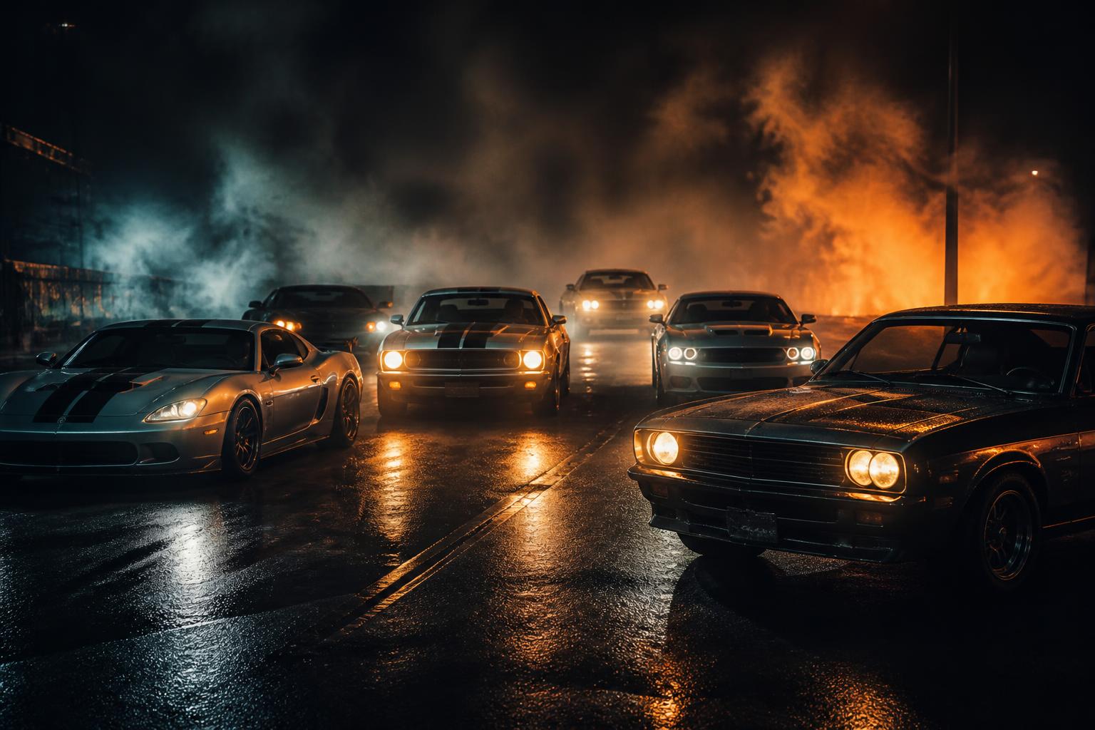 Muscle cars y deportivos en carretera nocturna con humo y luces